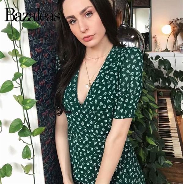 

bazaleas fashion fastening tie side women dress vintage green floral print women dress wrap vestido drop shipping, Black;gray