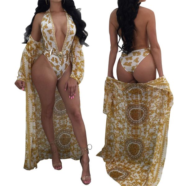 

2020 new explosion models swimsuit pattern printed long sleeve blouse sunscreen halter swimsuit suit size s-xl, White;black