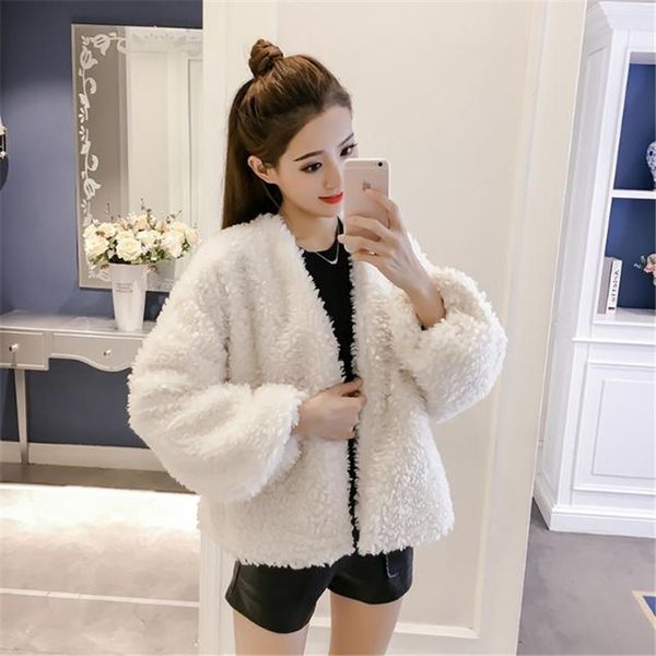 

lamb fur autumn and winter coat female solid 2019 new short jacket v neck full lantern sleeve casual, Black