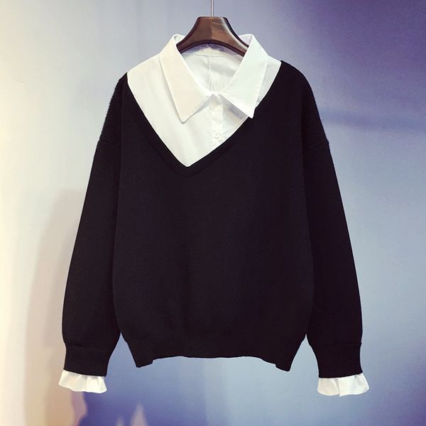 

fake two knitwear bottoming 2019 new korean short loose long sleeve sweater autumn and winter women plus size sweaters, White;black