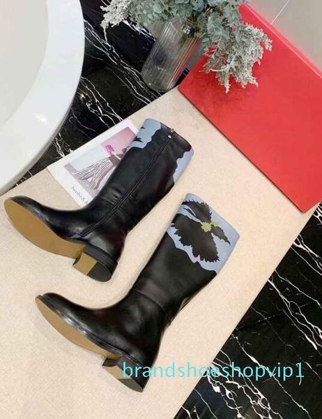 

new womens knee knight square heel winter snow boots real leather shoes original box size 35-41, Black
