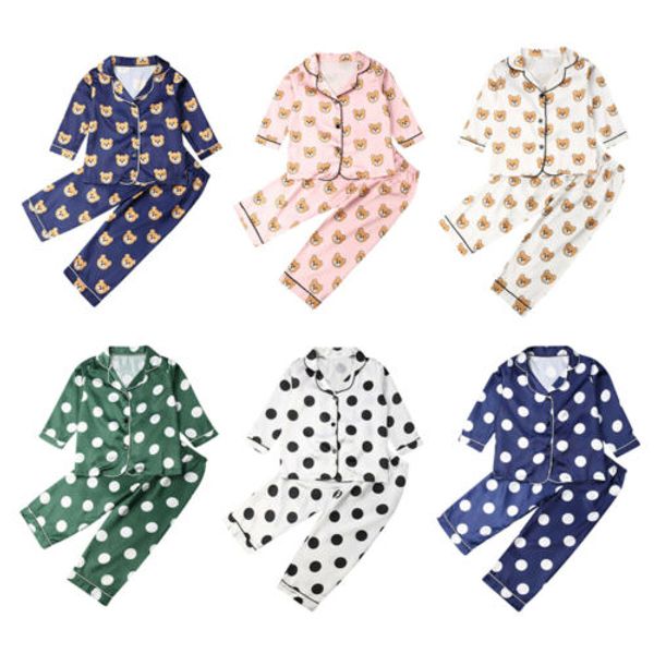 

1-7y kid baby boy girl silk satin pajamas set animal print long sleeve sleepwear nightwear outfit 2pcs clothes set, Blue;red