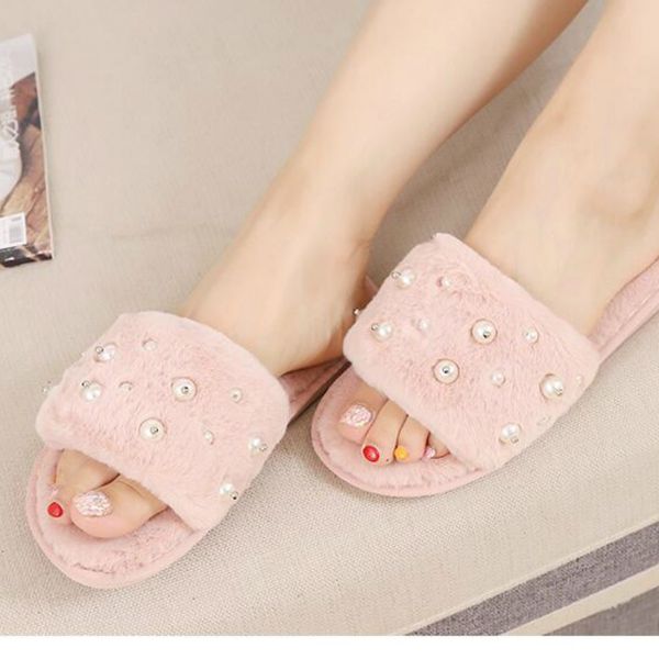 

winter women furry slippers non-slip flats female indoor home fur slides luxury pearl design slip on warm house shoes cozy, Black