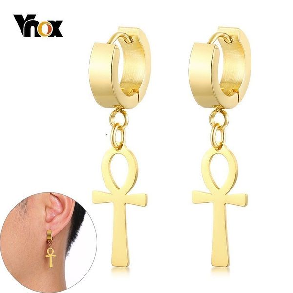 

vnox egypt cleopatra ankh earrings for men women stainless steel eternal cross dangle earrings, Silver