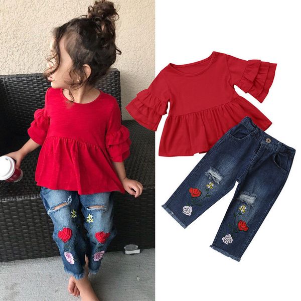 

2018 fashion summer casual clothes sets 1-6y toddler baby girls petal sleeve red t-shirts floral print blue hole pants t200526, White