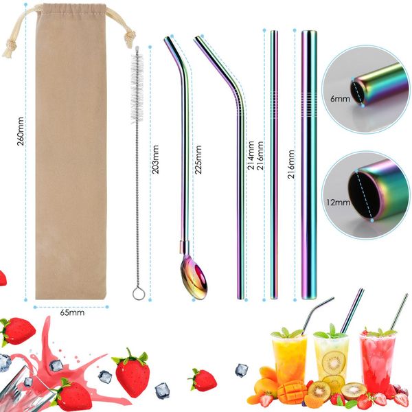 

12pcs silver/colorful stainless steel straws reusable straight bent metal drinking straw with cleaner brush pouch set