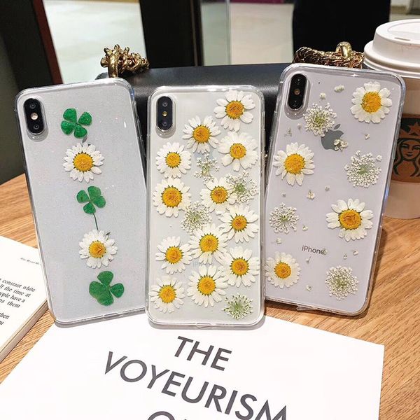 

real flower phone case small daisies for iphone xs max xr 6 7 8 x plus epoxy pc hard cell phone cases