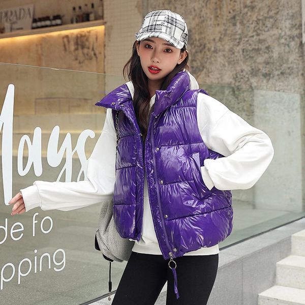 

2019 autumn winter vest women waistcoat stand collar short cotton winter vest waistcoat shiny sleeveless jacket coat in, Black;white