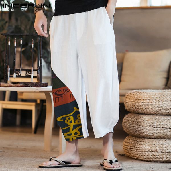 

incerun streetwear men wide leg pants patchwork cotton 2020 joggers trousers men loose vintage elastic waist harem pants s-5xl, Black