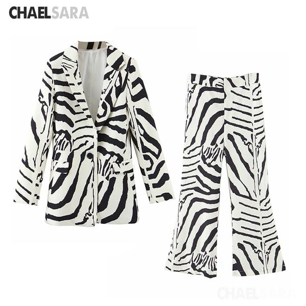 

vintage zebra print two piece set pants suit women casual single button blazer jacket &wide leg female autumn outfits, White;black