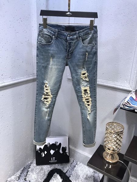 

new fashion casual brand men's washed pleated design casual blue slim lightweight jeans man's moto hole jeans pants trousers rippe