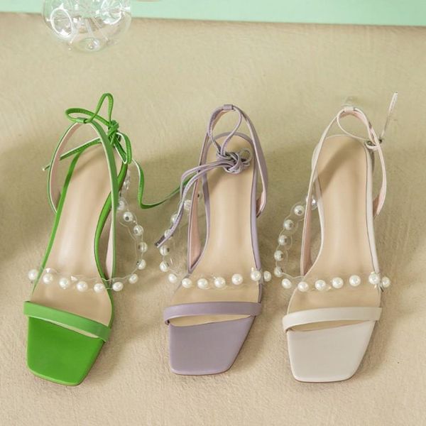 

kmeioo genuine leather ankle strap shoes woman pearl chunky heels korean style transparent heel sandals causal shoes, Black