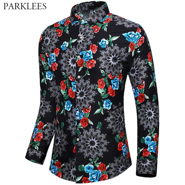

rose floral printed mens dress shirts wedding party shirt for men casual slim fit mens long sleeve shirt daily streetwear male, White;black