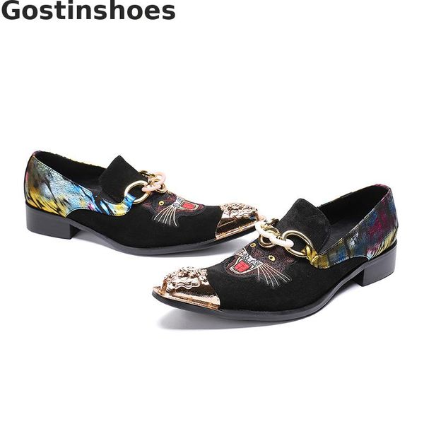 

fashion men shoes genuine leather loafers men casual leather shoes oxfords golden chain decoration metal tipped printed, Black