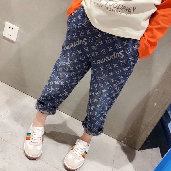 

Брюки для девочек мальчиков 2019 Осень Детские джинсы эластичный пояс простирания джинсовой одежды Детские брюки для мальчика карандаш гетры