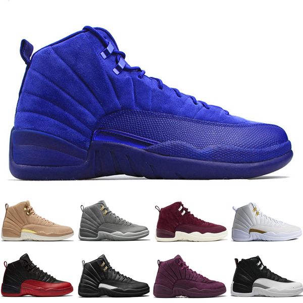 

12 12s mens basketball shoes wheat dark grey bordeaux flu game the master taxi playoffs pinnacle metallic gold blue red suede sport sneakers, Black