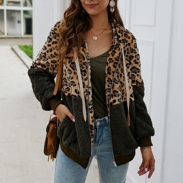 

women leopard jackets winter coat print patchwork fleece windbreaker female long sleeves ladies cardigan zipper keep warm coat, Black;brown
