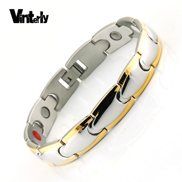 

vinterly magnetic bracelet men stainless steel magnet ion germanium infrared gold color bracelets bangles for men hand chain, Golden;silver