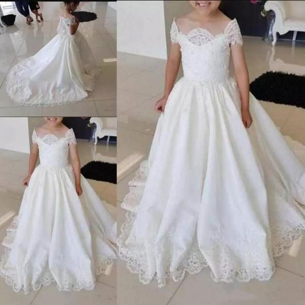 

white lace girls pageant dresses off the shoulder flower girl dress for wedding little bride princess gowns with train, White;blue