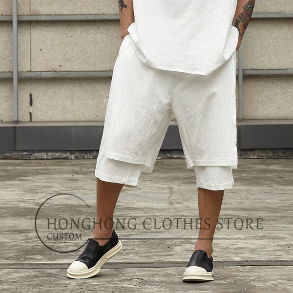 

new summer cotton and linen loose harun seven-point trousers men's casual double shorts, Black