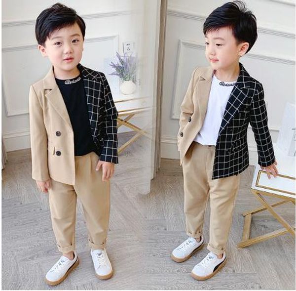 

boys suits formal plaid suit sets children's stitching plaid blazer +pants 2pcs clothing sets kids party performance boy costume, Black
