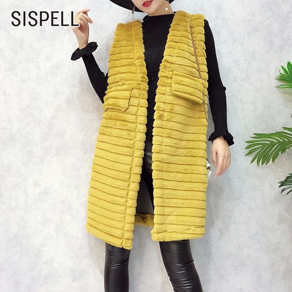 

sispell winter black waistcoat for women female vest cardigan coat leather hair striped loose sleeveless vest clothes fashion, Black;white