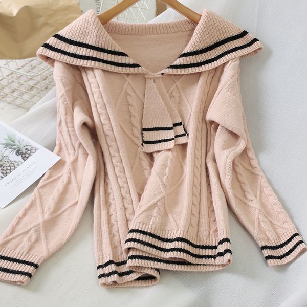 

candy girl sweet color knitted jumper women sailor tie short style pullover sweater pull femme jersey mujer, White;black