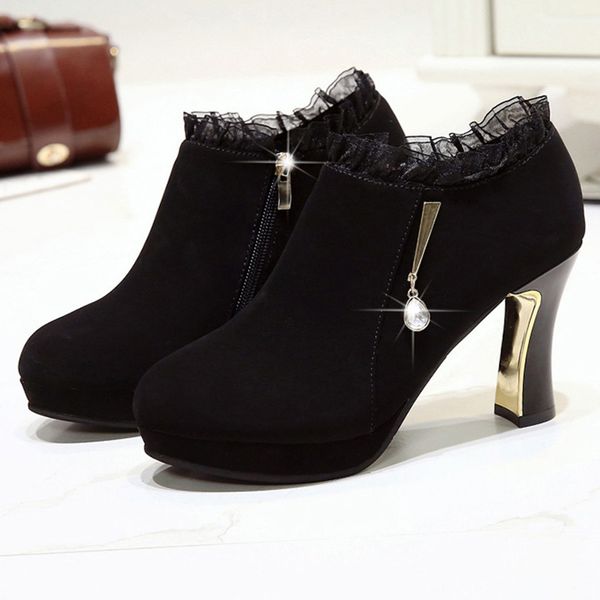 

boots women women's fashion casual lace crystal zipper high heels shoes short ankle boots zapatos de mujer, Black