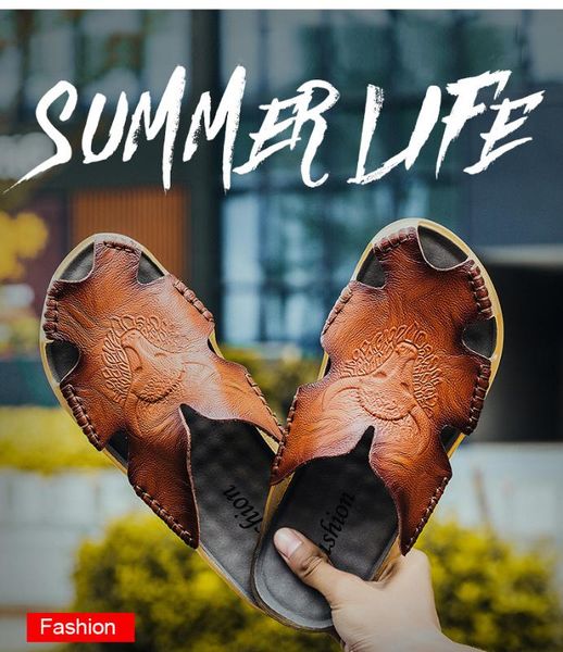 

slippers roman style men summer soft leather comfortable sandals, Black