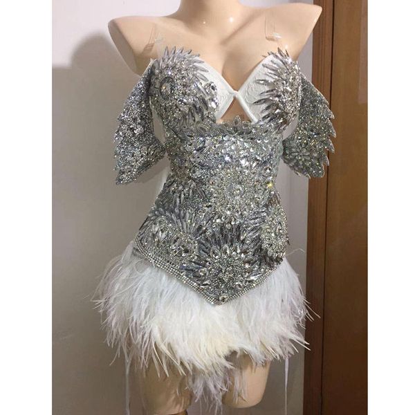 

sparkly silver crystals bodysuit women feather leotard outfit female bar dance stage party dance costume celebrate dress, Black;red
