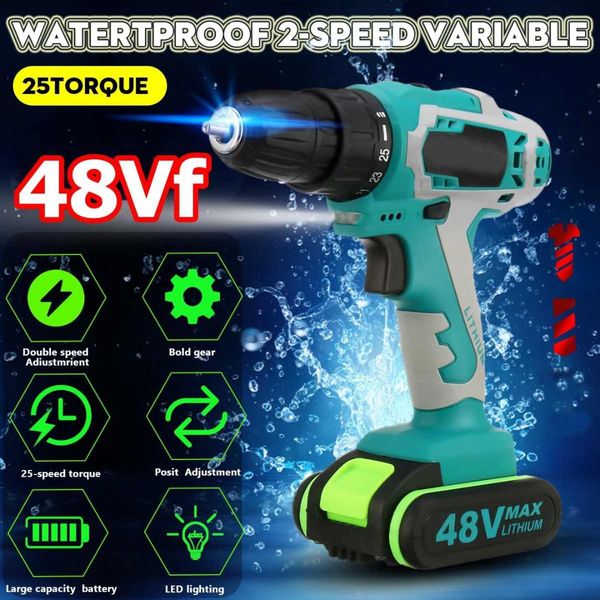 

48v dual speed brushless cordless electric impact drill hammer screwdriver led lighting