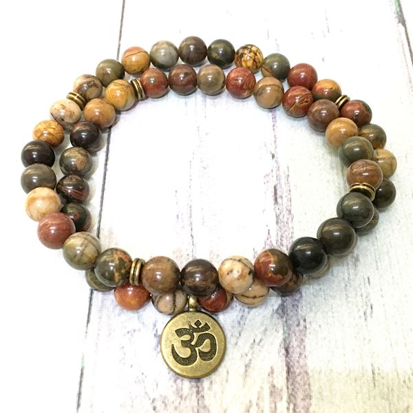 

mg0582 new arrival design picasso jasper 54 mala bracelet ohm charm 2 wrap bracelet spiritual balance gift bracelet, Black