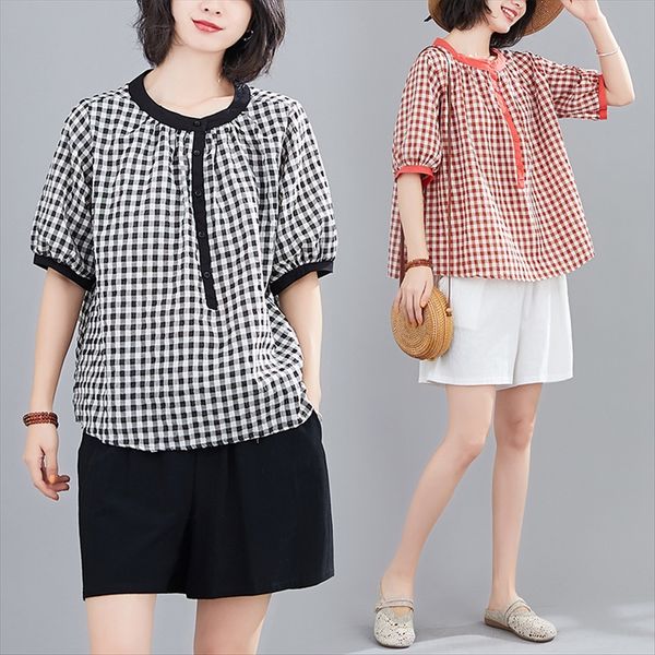 

half-open st collar cotton and linen short-sleeved t-shirt female 2020 cotton and linen national style plaid large size belly t-shirt nation, White