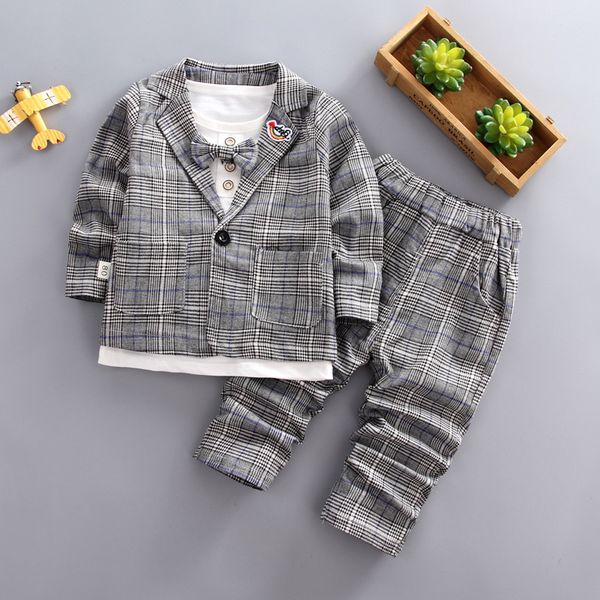 

2019 spring baby boys fashion gentleman bow jacket t-shirt pants plaid 3 pcs/set children's long-sleeved kids suits, White