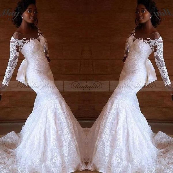 

new arrival 2020 white lace mermaid african wedding gowns long sleeves illusion beaded plus size nigeria wedding dress with bow