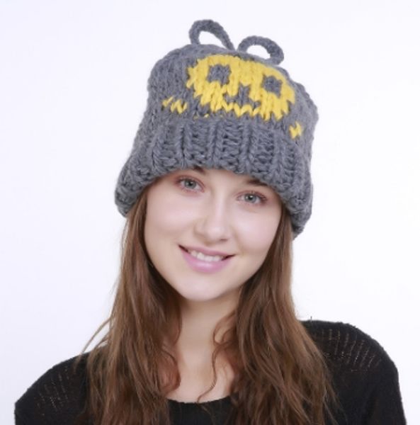 

women's personality autumn and winter handmade hand-knitted wool hat skull pattern thick section warm outdoor halloween, Blue;gray