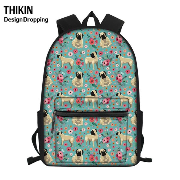

thikin cute 17inch junior school backpack pug dog flower design travel bag students bagpack book bag causal mochilas mujer