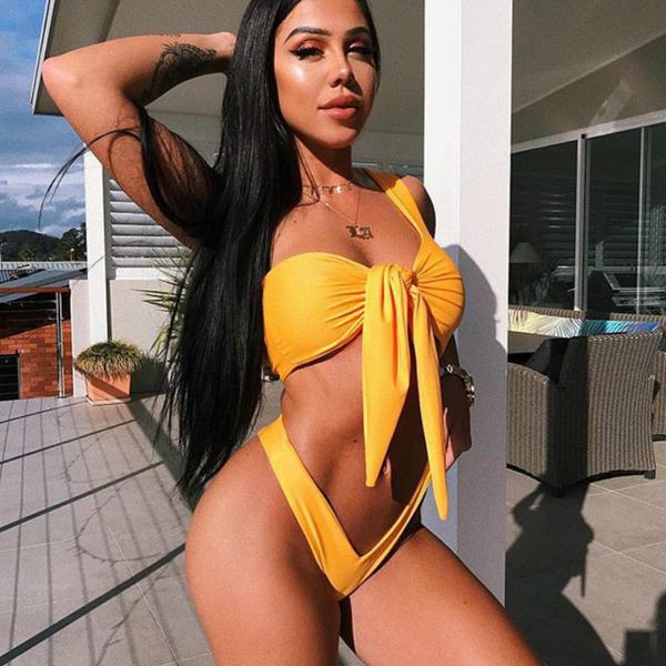 

bikini2020 women's bathing swimsuit solid color knotted bikini set one shoulder two piece set girls swimwear biquini
