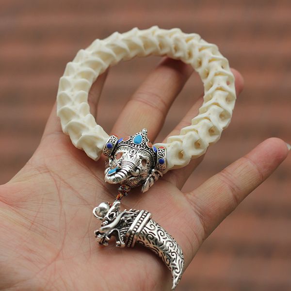 

natural snake bone beads bracelets tibetan silver elephant and tooth with chinese cloisonne vintage style beaded jewelry, Golden;silver