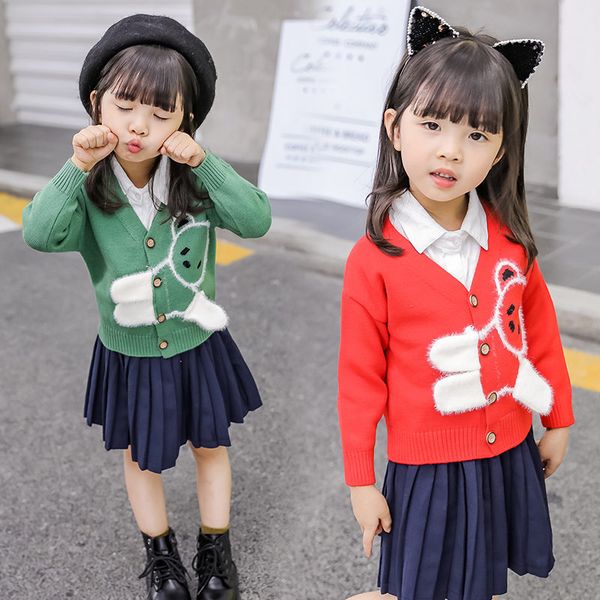 

mink cashmere knit baby girl sweater with bear v-neck kids knitted cardigan sweater for girls soft knitwear young girls clothes, Blue