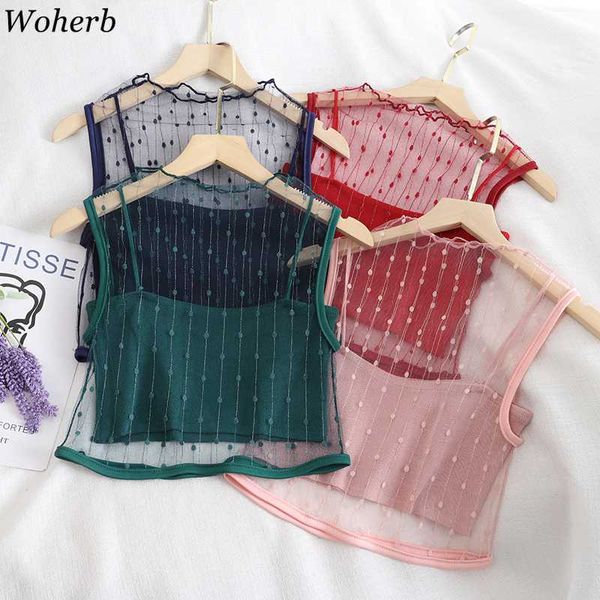 

woherb sexy 2 шт короткие camis o образным вырезом без рукавов твердая tank top весна лето 2020 новый тонкий top корейский mesh кружевные ру, White