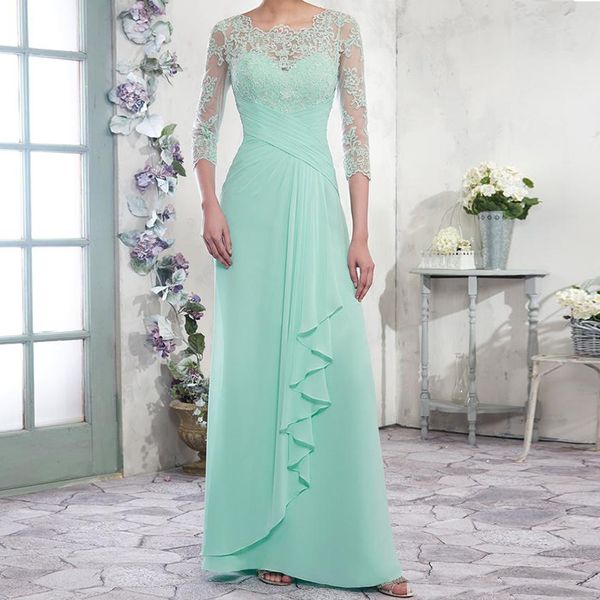 

Mint Green Chiffon A-line Mother of the Bride Dresses Scoop 3/4 Long Sleeves Button Back Pleats Mother's Dress Formal Gowns