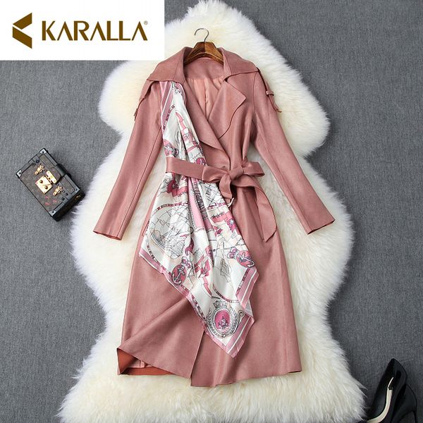 

2019 autumn fashion turn-down collar long sleeve patchwork print ribbon suede nap women adjustable waist trench coat, Tan;black