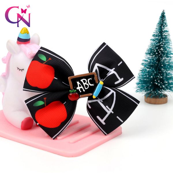 

cn 6 pcs/lots 3.5" boutique back to school hair bows for girls kids apple printed ribbon hair clips student accessories, Slivery;white