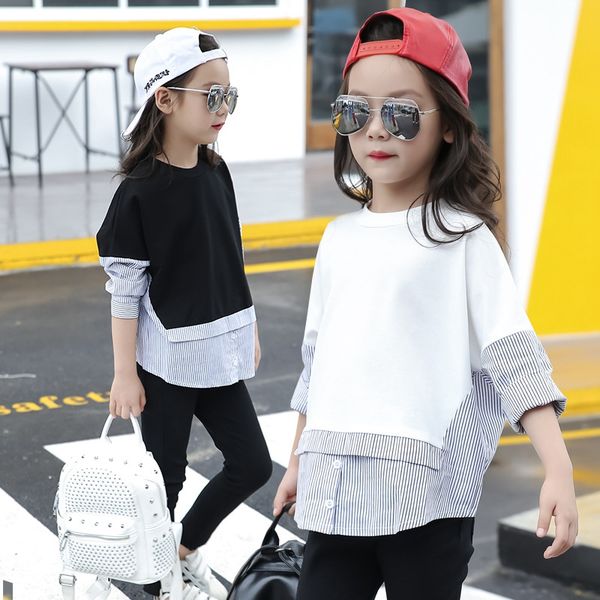 

spring children's sweatshirts for girls shirts patchwork striped pullover kids girls clothes long sleeve t-shirt fashion, Black