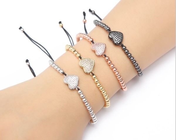 

gold silver micro pave cz cubic zirconia rope adjusted copper beads bracelet heart gfj4 charm braided bangles women, Black