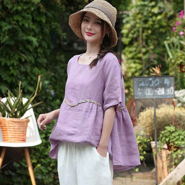 

2020 loose solid color ethnic style small ramie stitching mori girl series round collar middle sleeve national t-shirt shirt women's lo, White
