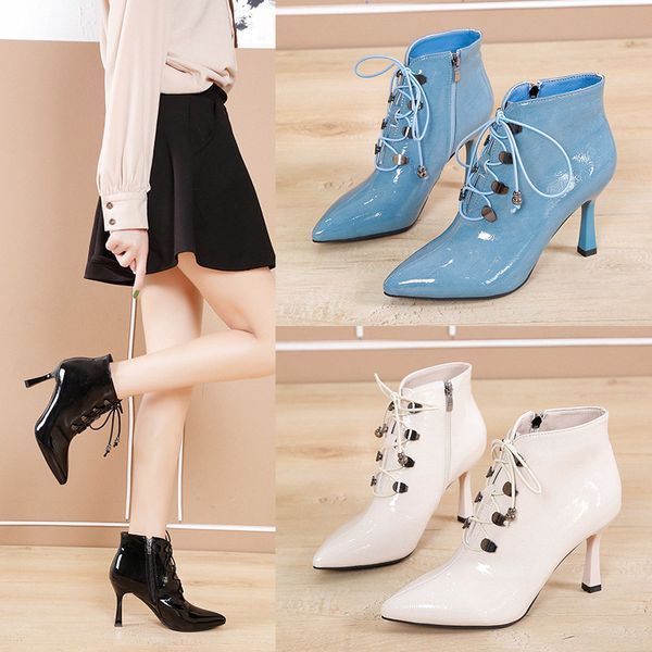 

women autumn zip ankle boots woman shoes lace up pu leather pointed toe pumps square heels female fashion party, Black