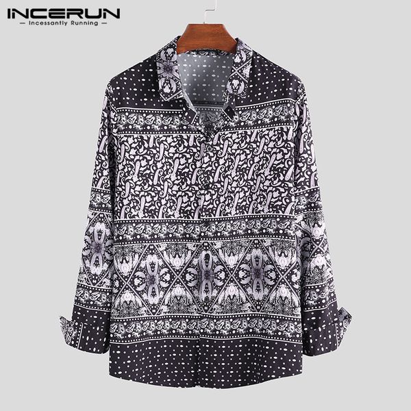 

2019 vintage shirt men ethnic style printed long sleeve button lapel streetwear men casual brand shirts camisa incerun plus size, White;black