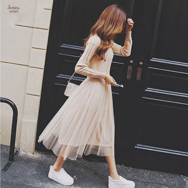 

платья осень зима женщины лоскутная сыпучие платье дамы твердая с длинным рукавом vintage платье женский v шеи сетки трикотажные свитера, Black;gray